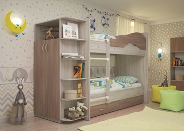 Детская двухэтажная кровать ТМК Мая на щитах со шкафом и ящиками, корпус Шимо светлый, фасад Шимо темный во Владимире