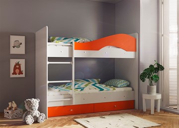 Детская двухъярусная кровать Мая с 2 ящиками на щитах, корпус Млечный дуб, фасад Оранжевый во Владимире