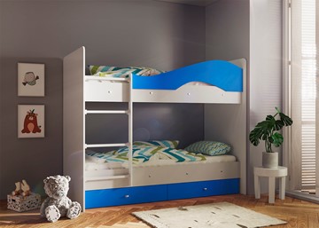 Двухъярусная детская кровать ТМК Мая с 2 ящиками на щитах, корпус Млечный дуб, фасад Синий в Коврове