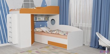 Кровать-чердак детская Кадет-2 с металлической лестницей, корпус Белое дерево, фасад Оранжевый в Коврове