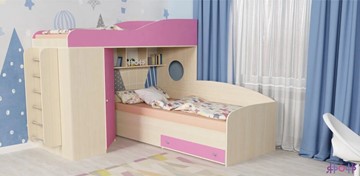 Детская кровать-чердак Кадет-2 с металлической лестницей, корпус Дуб, фасад Розовый во Владимире
