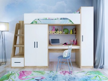 Кровать-чердак в детскую с шкафом Ярофф Тея, каркас Ясень, фасад Белый в Коврове