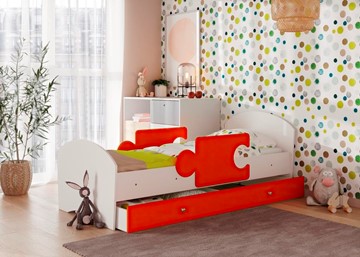 Кровать детская с ящиком и бортиками Мозайка, корпус Белый/фасад Оранжевый (ламели) в Коврове