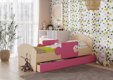Детская кровать с бортиками и ящиком Мозайка, корпус Млечный дуб/фасад Розовый (ламели) во Владимире