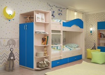 Детская 2-этажная кровать ТМК Мая на щитах со шкафом и ящиками, корпус Млечный дуб, фасад Синий во Владимире