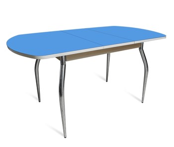 Стеклянный обеденный стол ПГ-01 СТ2, дуб молочный/синие стекло/35 хром гнутые металл в Коврове
