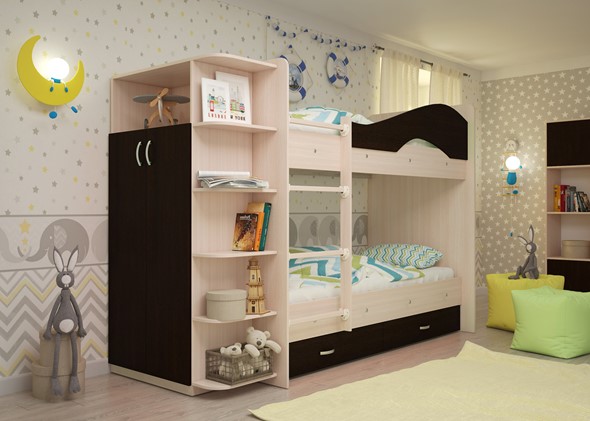 Детская 2-х ярусная кровать Мая на щитах со шкафом и ящиками, корпус Млечный дуб, фасад Венге во Владимире - изображение