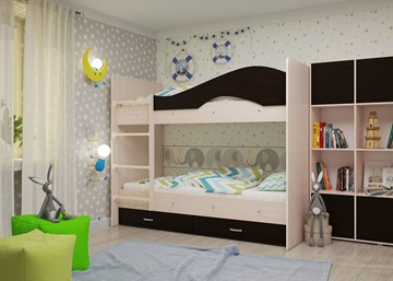 Детская  двухъярусная кровать Мая с 2 ящиками на щитах, корпус Млечный дуб, фасад Венге во Владимире - предосмотр 1