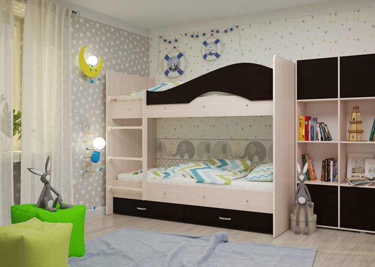 Детская  двухъярусная кровать Мая с 2 ящиками на щитах, корпус Млечный дуб, фасад Венге во Владимире - изображение 1