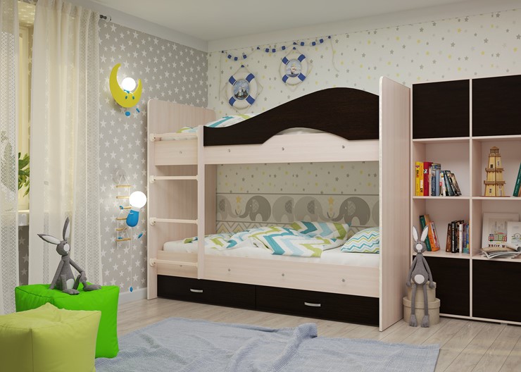 Детская 2-х ярусная кровать Мая на щитах со шкафом и ящиками, корпус Млечный дуб, фасад Венге во Владимире - изображение 1