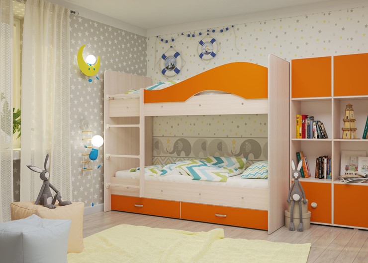 Детская двухъярусная кровать Мая с 2 ящиками на щитах, корпус Млечный дуб, фасад Оранжевый во Владимире - изображение 3