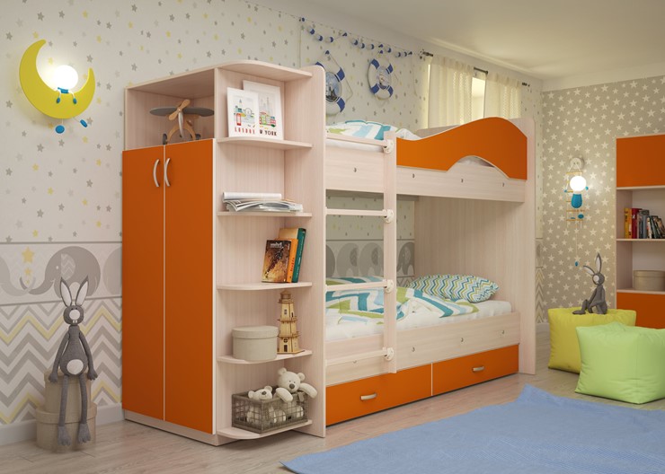 Детская двухъярусная кровать Мая с 2 ящиками на щитах, корпус Млечный дуб, фасад Оранжевый во Владимире - изображение 1