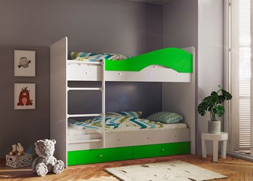 Двухэтажная детская кровать Мая с 2 ящиками на щитах, корпус Млечный дуб, фасад Салатовый в Коврове