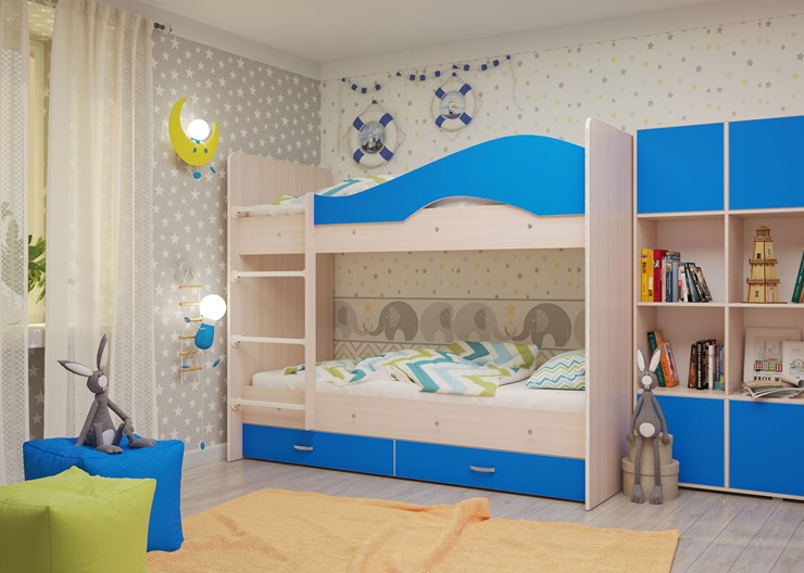 Двухъярусная детская кровать Мая с 2 ящиками на щитах, корпус Млечный дуб, фасад Синий во Владимире - изображение 3