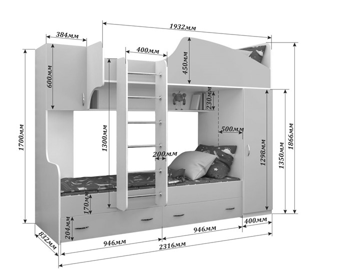 Двухэтажная кровать Юниор-2, каркас Белое дерево, фасад Лайм во Владимире - изображение 1
