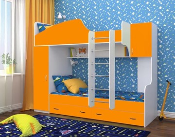Детская двухъярусная кровать Юниор-2, каркас Белое дерево, фасад Оранжевый в Коврове