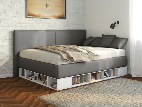 Подростковая кровать Lancaster 1, 120х200, ЛДСП белая, экокожа серая во Владимире - изображение
