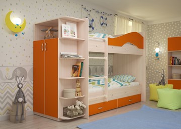 Двухэтажная кровать Мая на щитах со шкафом и ящиками, корпус Млечный дуб, фасад Оранжевый во Владимире
