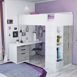 Детская кровать с письменным столом и шкафом POLINI Kids Simple Белый / Бетон во Владимире - предосмотр 1