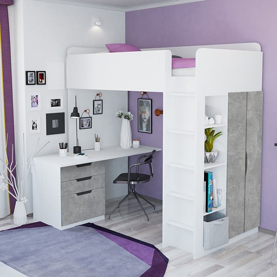 Детская кровать с письменным столом и шкафом POLINI Kids Simple Белый / Бетон во Владимире - изображение 1