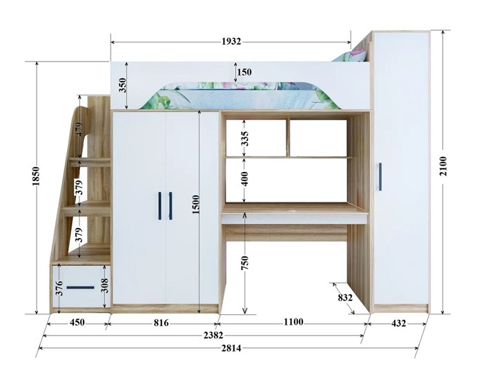 Кровать-чердак в детскую с шкафом Тея, каркас Ясень, фасад Белый в Коврове - изображение 2