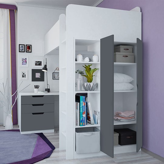 Кровать-чердак с письменным столом и шкафом POLINI Kids Simple Белый / Серый во Владимире - изображение 1