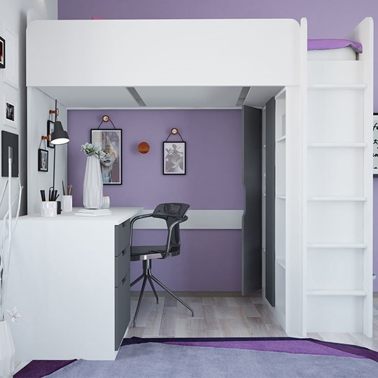 Кровать-чердак с письменным столом и шкафом POLINI Kids Simple Белый / Серый во Владимире - изображение 2