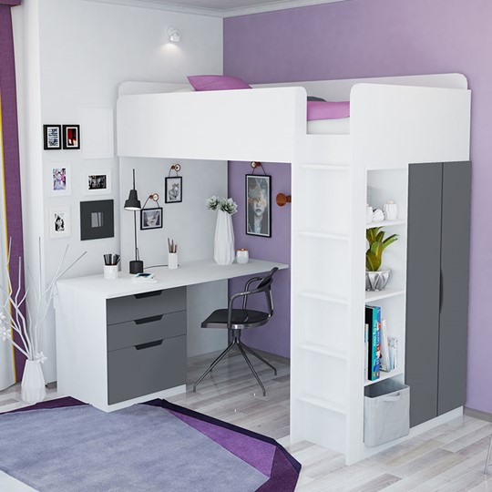 Кровать-чердак с письменным столом и шкафом POLINI Kids Simple Белый / Серый во Владимире - изображение 3