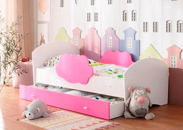 Детская кровать с бортиками Тучка с ящиком, корпус Белый, фасад Розовый в Коврове
