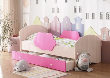 Детская кровать с бортиками Тучка с ящиком, корпус Дуб млечный, фасад Розовый в Коврове