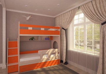 Детская 2-этажная кровать Юниор-1 с бортом, каркас Дуб, фасад Оранжевый в Коврове