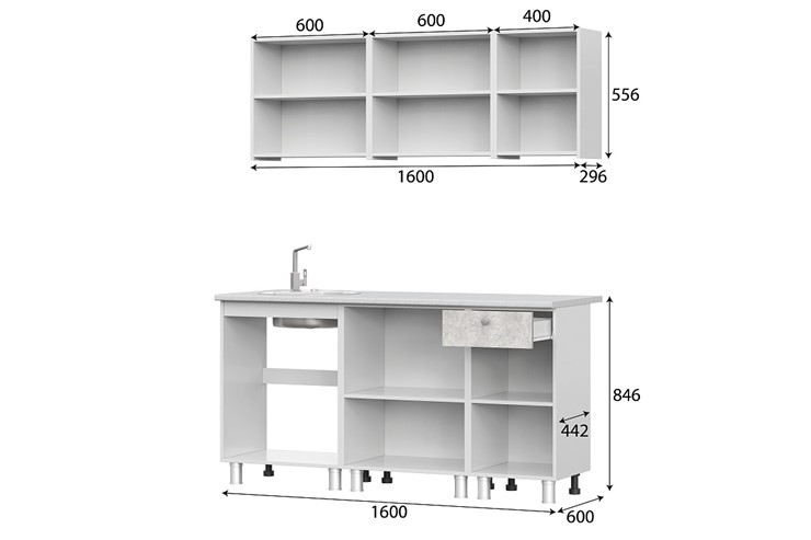 Гарнитур кухонный КГ-1 1600, белый/белый/цемент светлый/антарес в Коврове - изображение 2