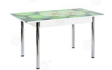 Кухонный стол раздвижной Айсберг-01 СТФ, белый/фотопечать зеленые яблоки/ноги хром круглые в Коврове