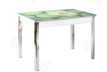Кухонный стол раскладной Айсберг-01 СТФ, белый/фотопечать зеленые яблоки/ноги хром квадратные в Коврове