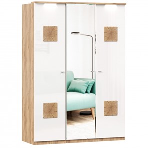 3-створчатый шкаф Фиджи с зеркалом и декоративными накладками, Дуб золотой/Белый во Владимире