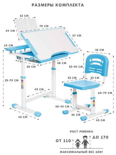 Растущие парта + стул SET HOLTO-17А, голубой в Коврове - изображение 11