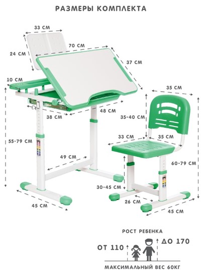 Растущая парта и растущий стул SET HOLTO-17А, зеленый в Коврове - изображение 11